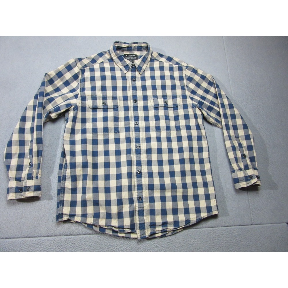 Filson Shirt Mens Large Blue Brown Khaki Check Outdoor Flap Pockets Button Up